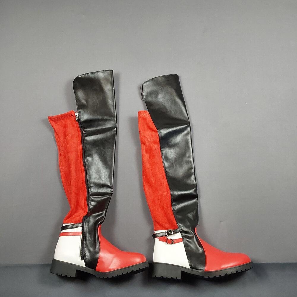 Women’s Red Black White Knee High Boots Buckle Zipper Colorblock Riding Boots
